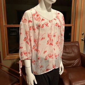 Lovely Sheer Floral Blouse Cream with Pink Flowers 2X